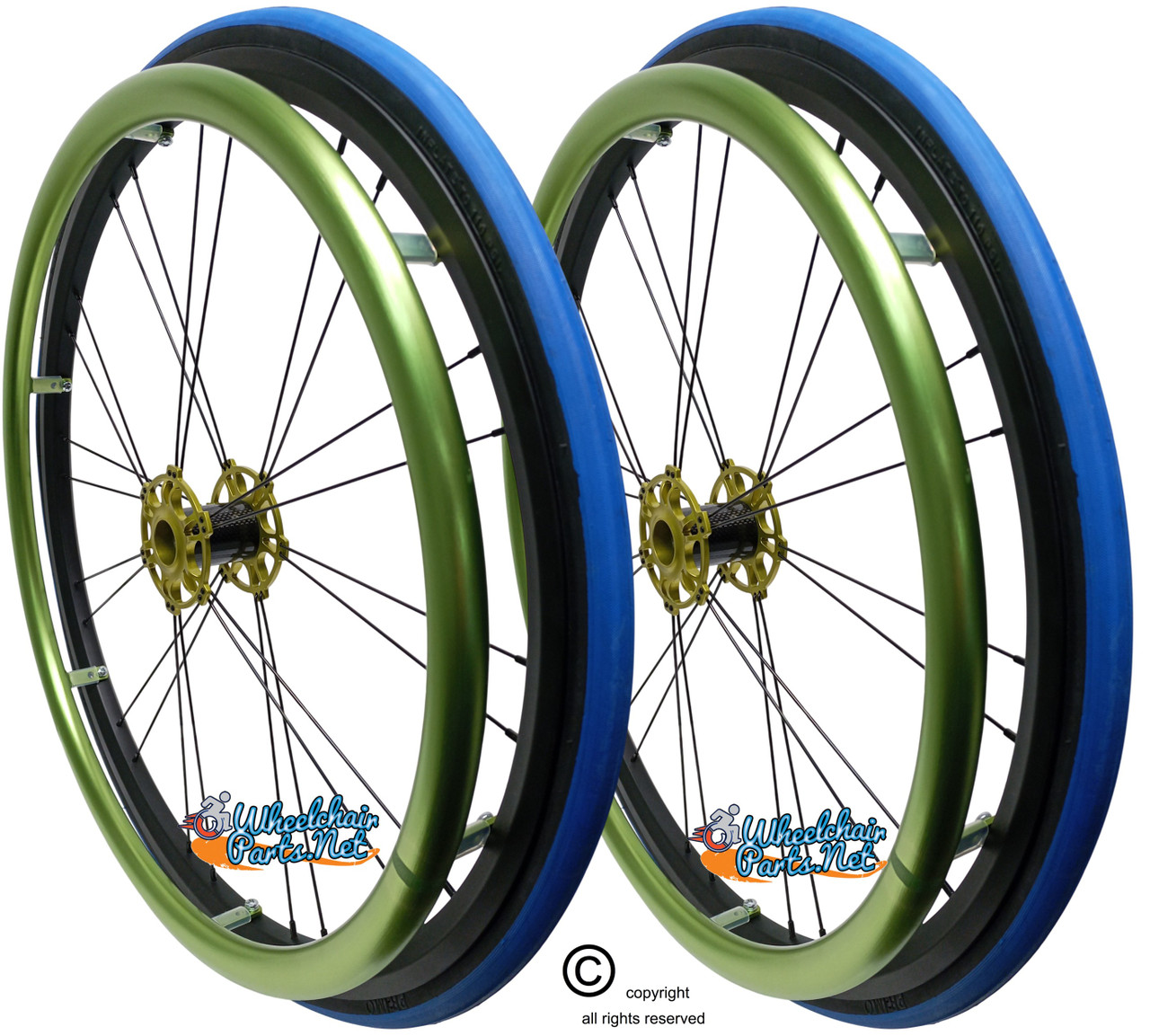 Shivoxx 24"x1" (540) Wheels with Primo V-Trak Blue Tires. Green Pushrim, Aluminum/Carbon Hub and 1/2" Bearings