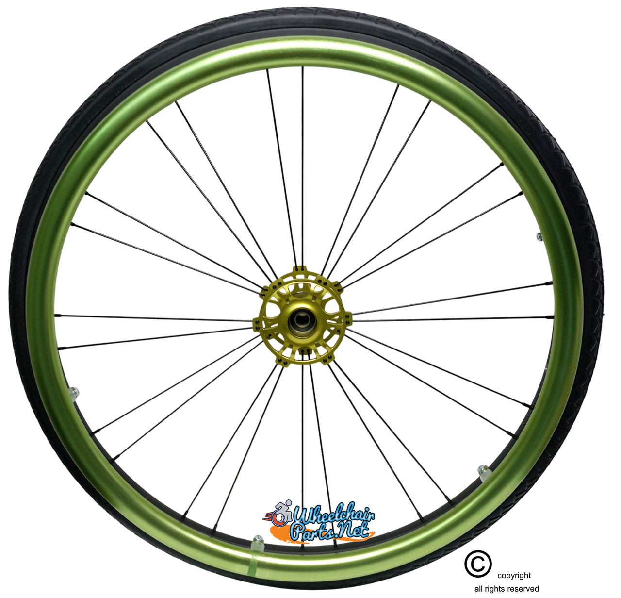 Shivoxx 24"x1" (540) Wheels with SOLID SHOX G2 Tires. Green Pushrim, Aluminum/Carbon Hub and 1/2" Bearings