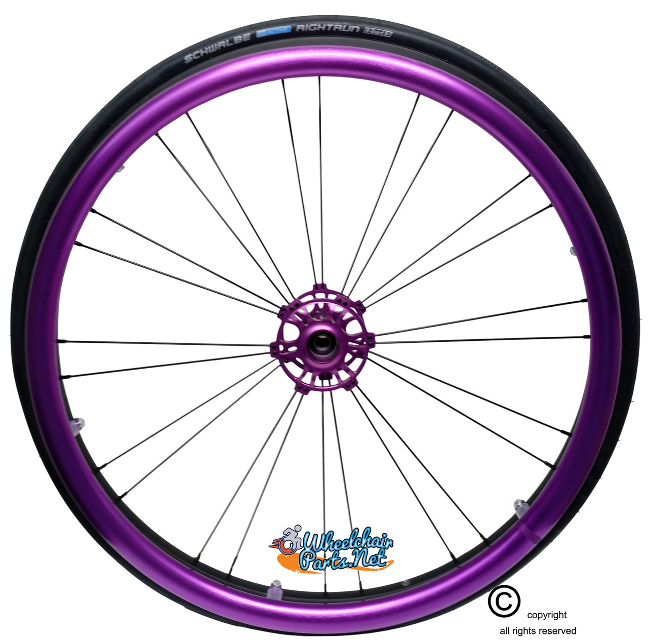 Shivoxx 24"x1" (540) Wheels with Schwalbe RightRun Tires. Purple Pushrim, Aluminum/Carbon Hub and 1/2" Bearings