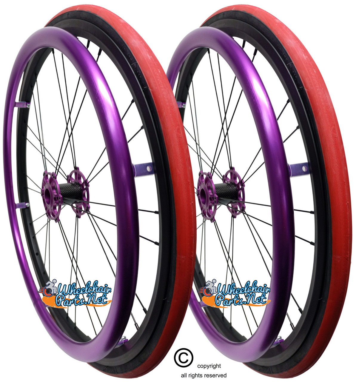 Shivoxx 24"x1" (540) Wheels with Primo V-Trak  Red Pneumatic Tires. Purple Pushrim, Aluminum/Carbon Hub and 1/2" Bearings