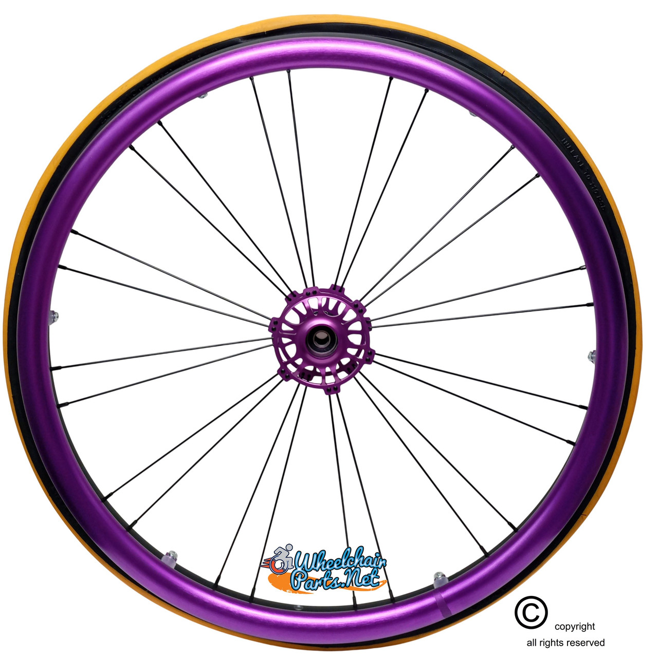 Shivoxx 24"x1" (540) Wheels with Primo V-Trak  Orange Pneumatic Tires. Purple Pushrim, Aluminum/Carbon Hub and 1/2" Bearings