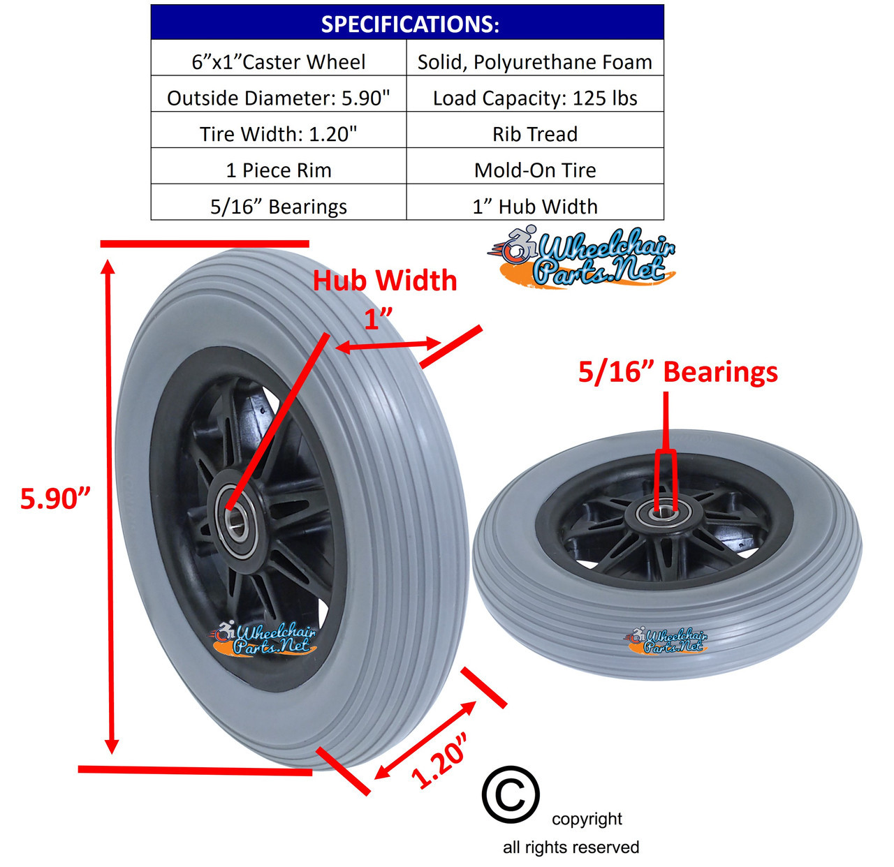 6" x1 1/4"  Anti-Tip Wheel for PRIDE Jazzy, PRIDE Jet, and Quantum Power Chairs