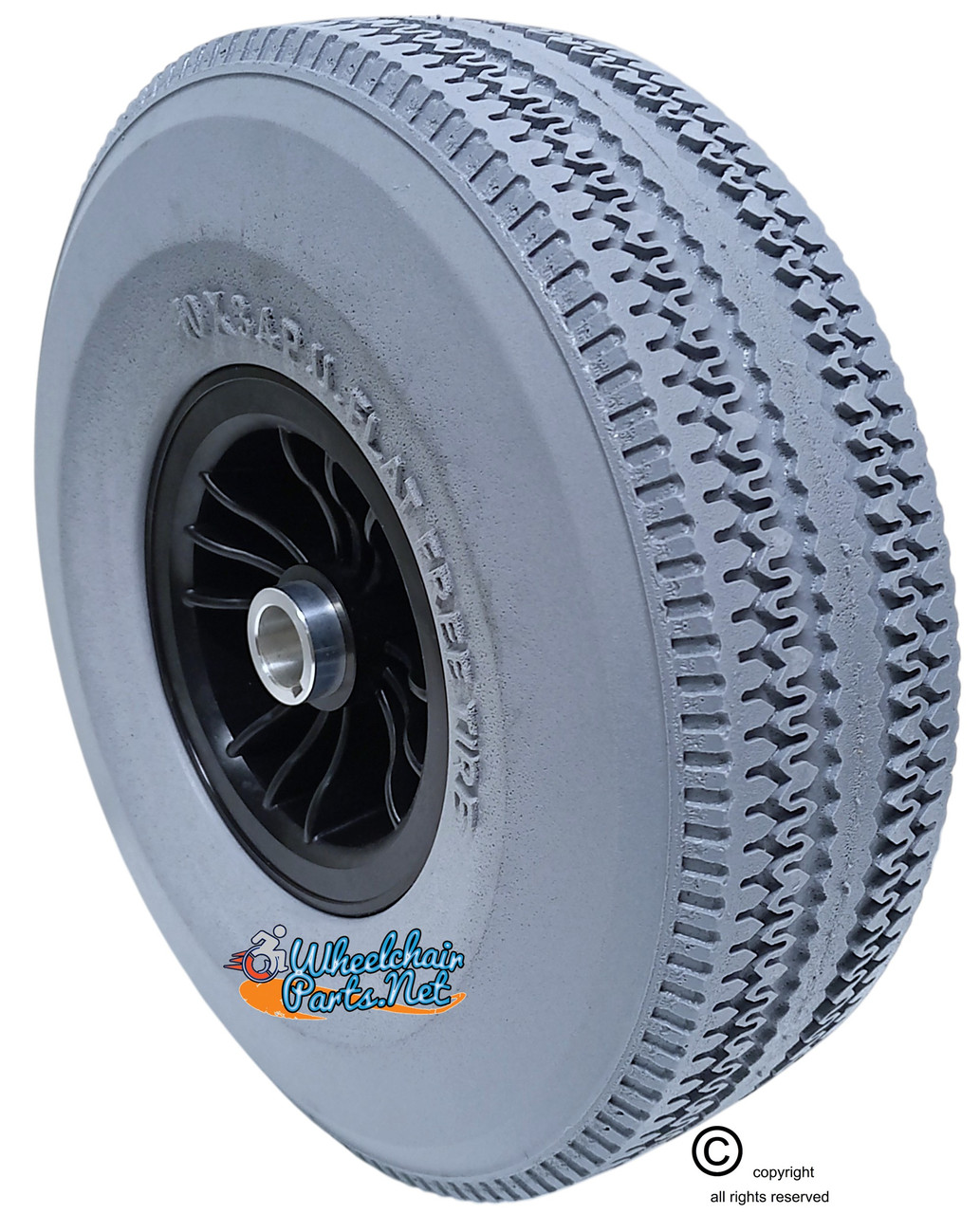 10.3 x 3.4 Foam PU Tire & Wheel Assembly. Fits on Hoveround Teknique XHD Powechairs. Sold as each
