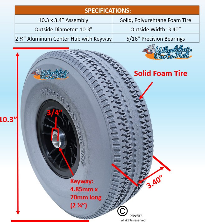 10.3 x 3.4 Foam PU Tire & Wheel Assembly. Fits on Hoveround Teknique XHD Powechairs. Sold as each