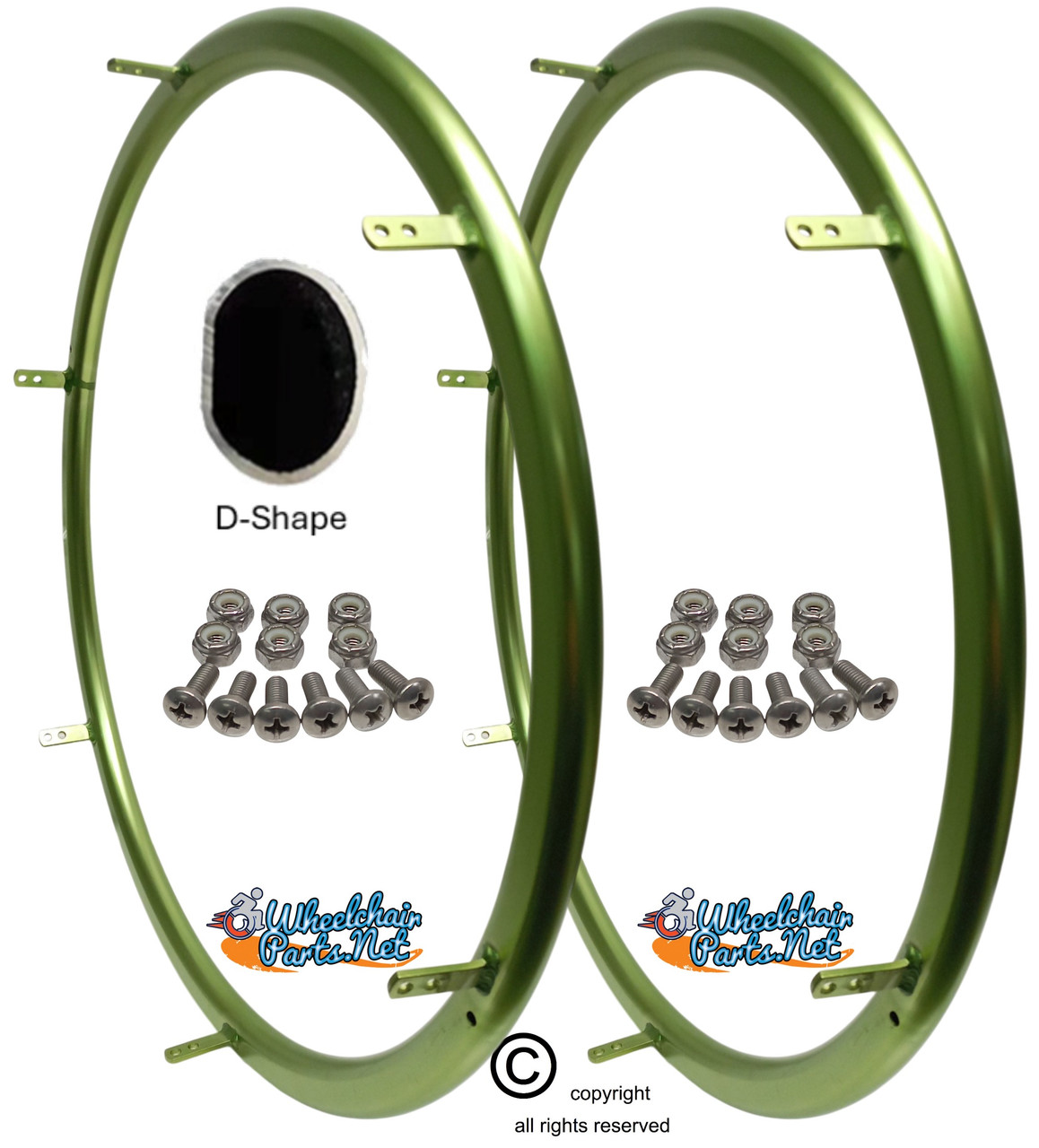 ShiproxiD 24" (540) D-Shape Lime Green Aluminum Pushrim with 6 Mounting TABS. Set of 2. Choose color