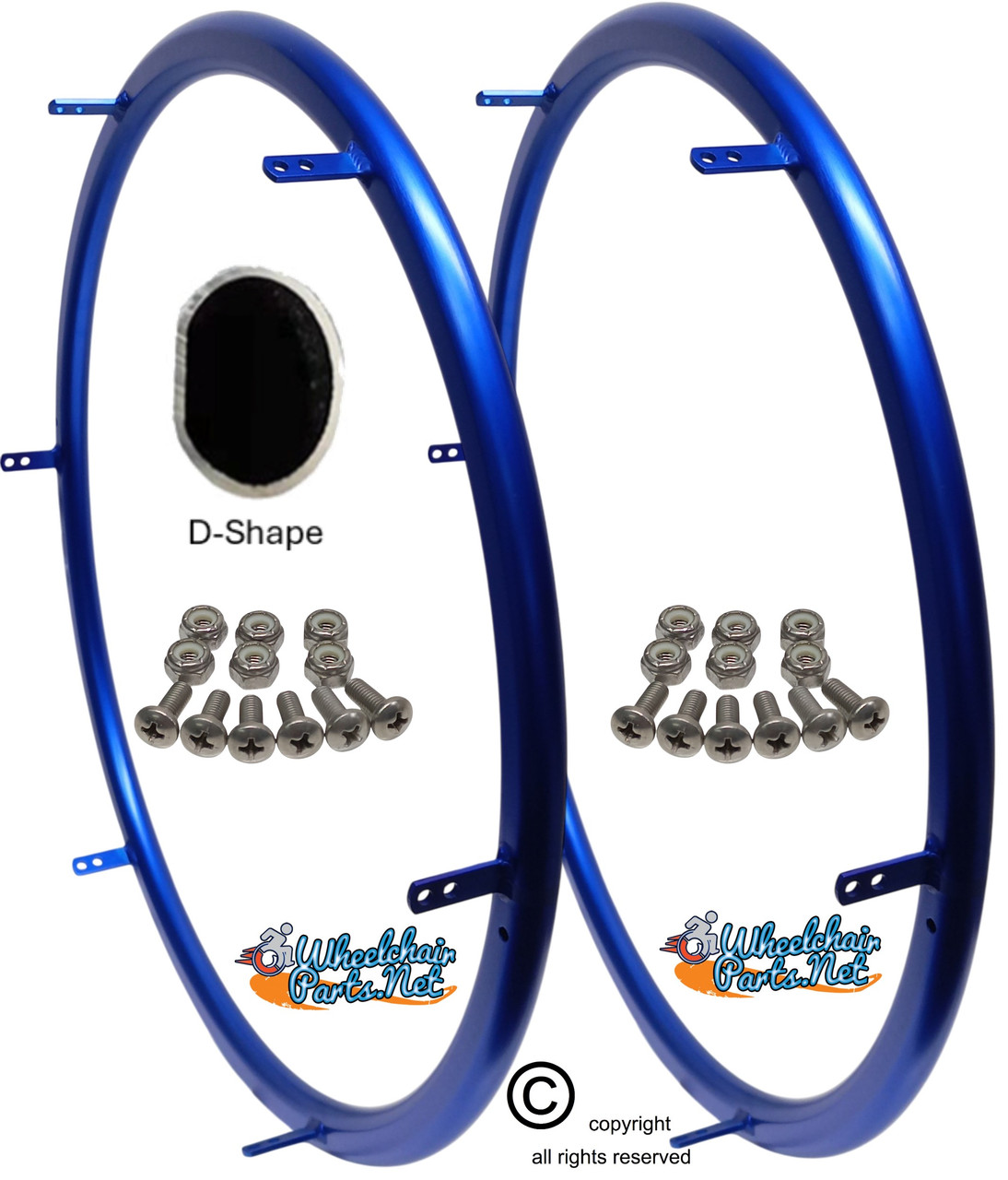 ShiproxiD 24" (540) D-Shape BLUE Aluminum Pushrim with 6 Mounting TABS. Set of 2. Choose color