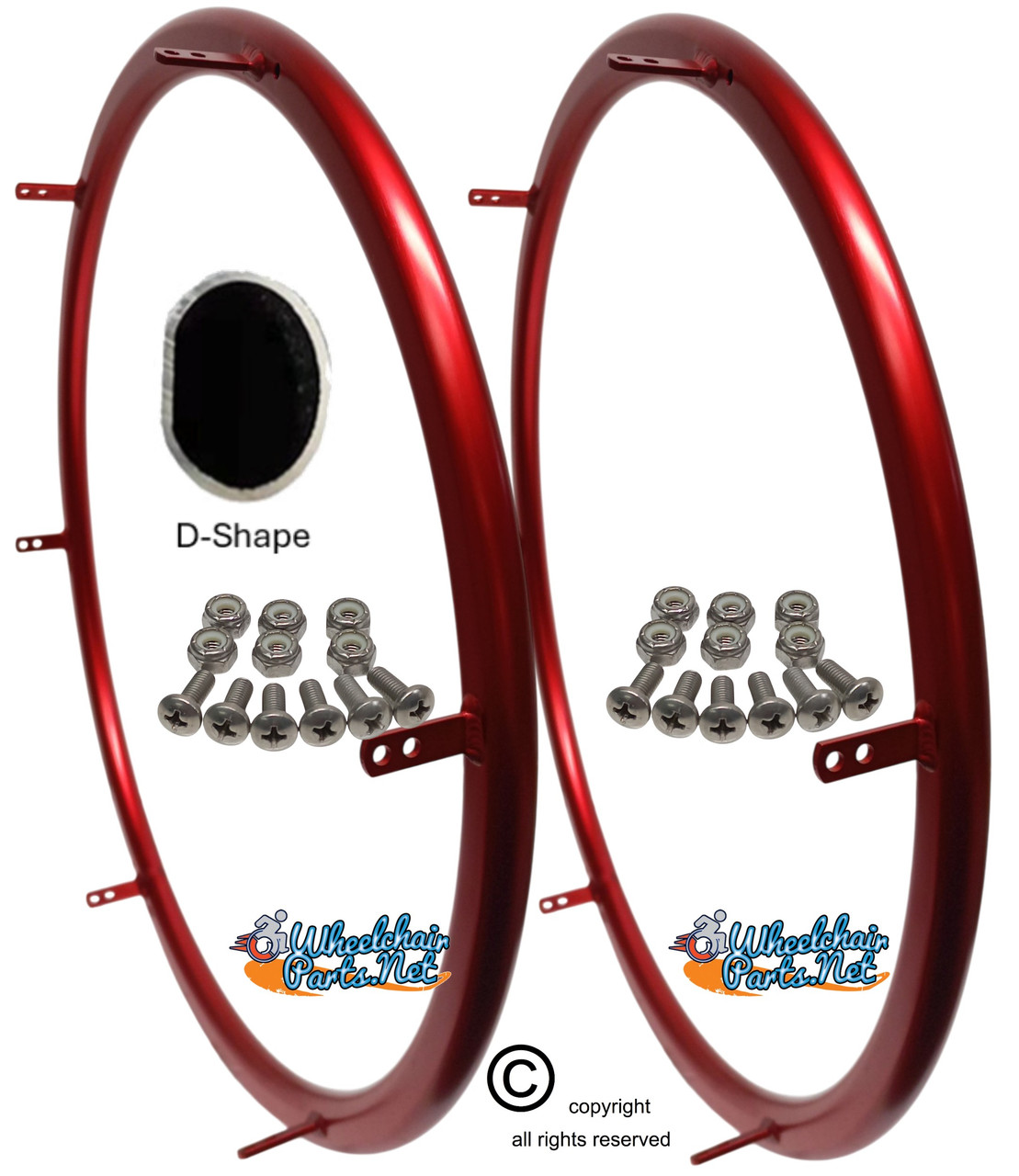 ShiproxiD 24" (540) D-Shape Red Aluminum Pushrim with 6 Mounting TABS. Set of 2. Choose color