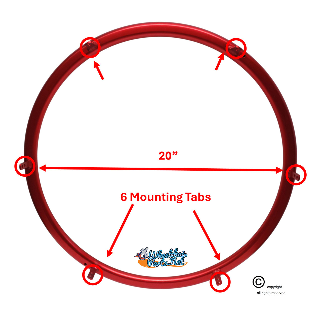 ShiproxiD 24" (540) D-Shape Red Aluminum Pushrim with 6 Mounting TABS. Set of 2. Choose color