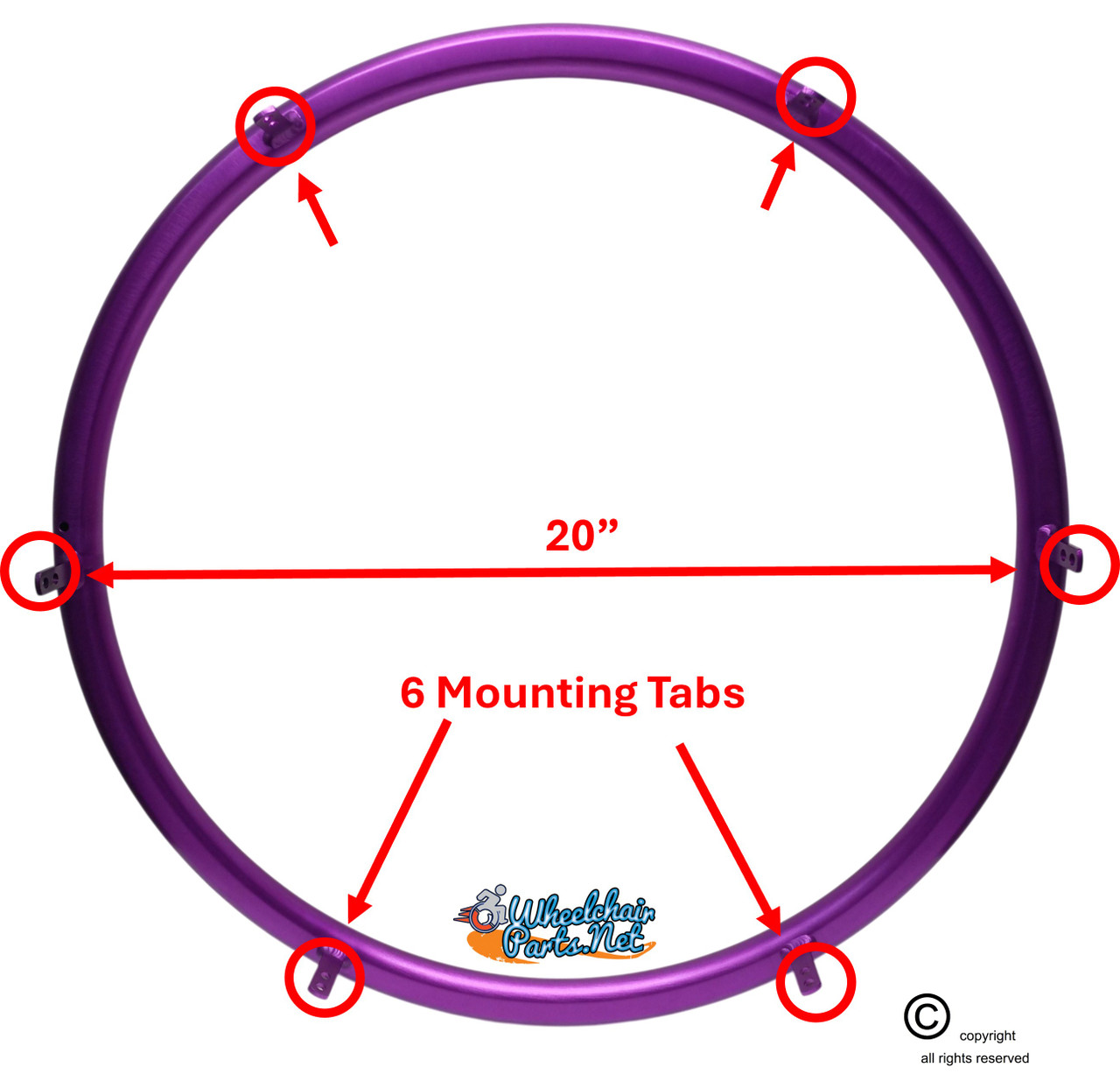 ShiproxiD 24" (540) D-Shape Purple Aluminum Pushrim with 6 Mounting TABS. Set of 2. Choose color