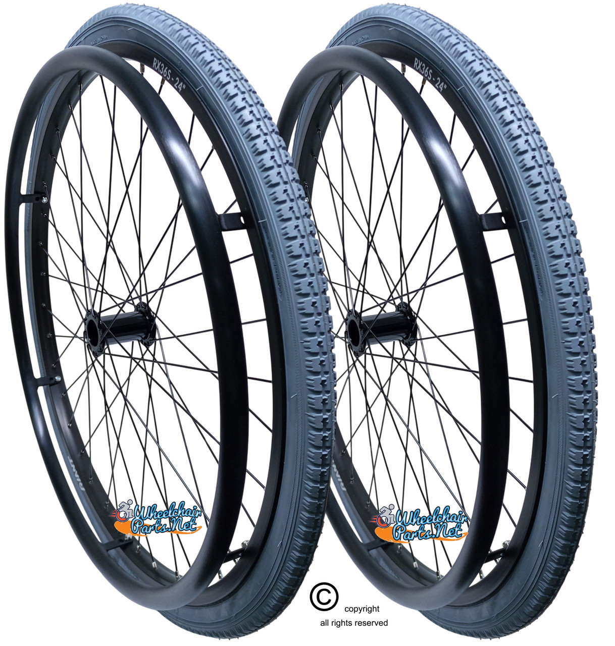 SET of 2,  26"x1 3/8" (590mm) PNEUMATIC ASSEMBLY, 36Spoke Rim TIRES & TUBES. PUSH RIMS
