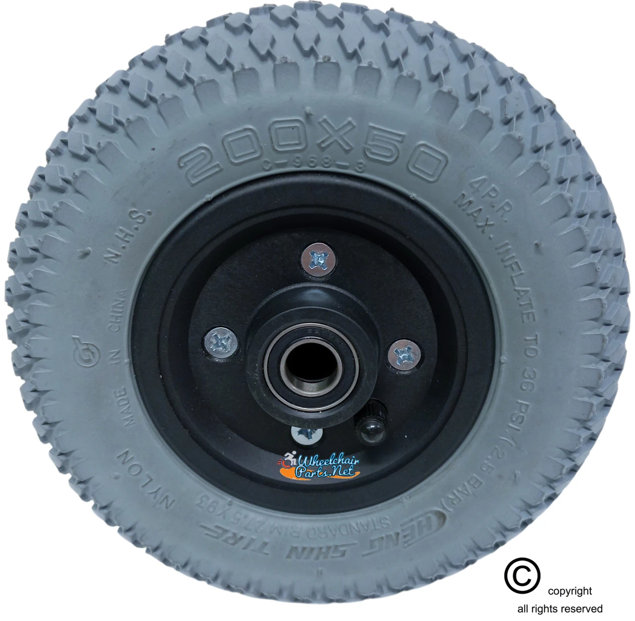 200x50 (8" X 2") Pneumatic Tire & Tube Wheel Assembly With 7/16" bearings.