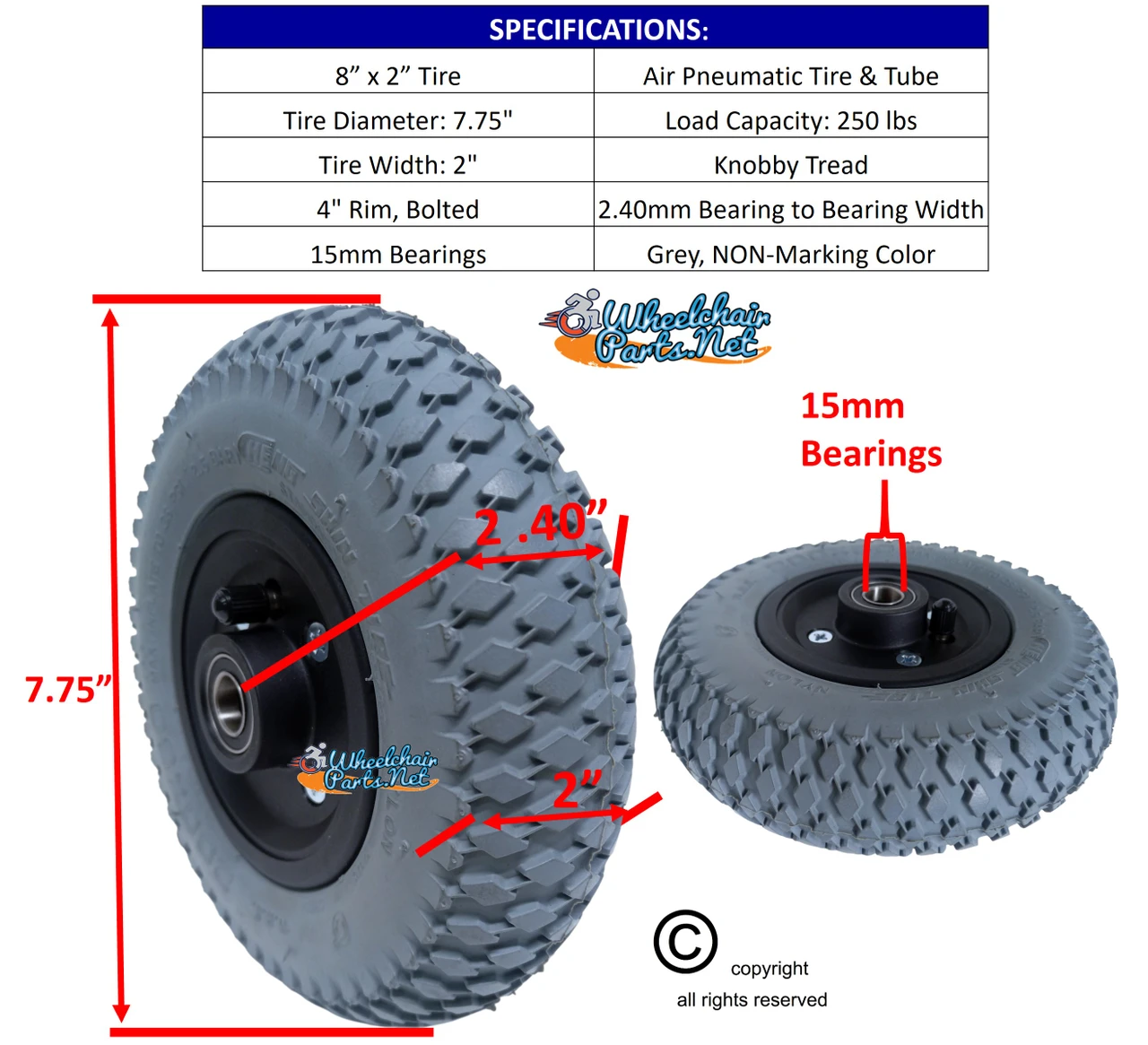 200x50 (8" X 2") Pneumatic Tire & Tube Wheel Assembly With 7/16" bearings.