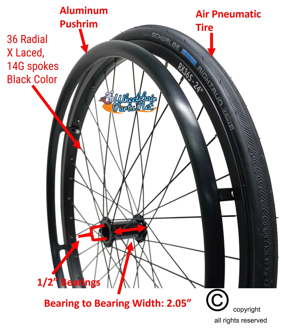 SET of 2, 24" (540mm) 36 Spoke Rim With Schwalbe RightRun Tire & Air Tube