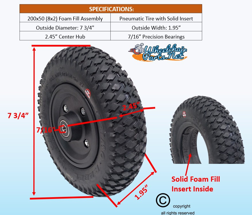 8" X 2" (200x50) Foam Fill Assembly with Black Non-Marking Tire and 7/16" bearings.
