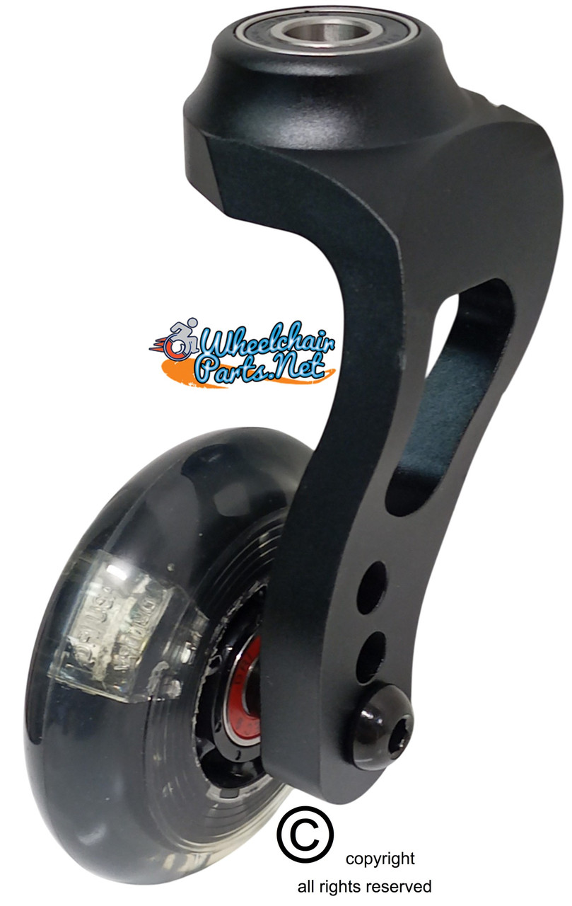 5" SHORT Aluminum Single-Sided Wheelchair Fork Assembly with 3" x 1" LED Wheel. Set of 2