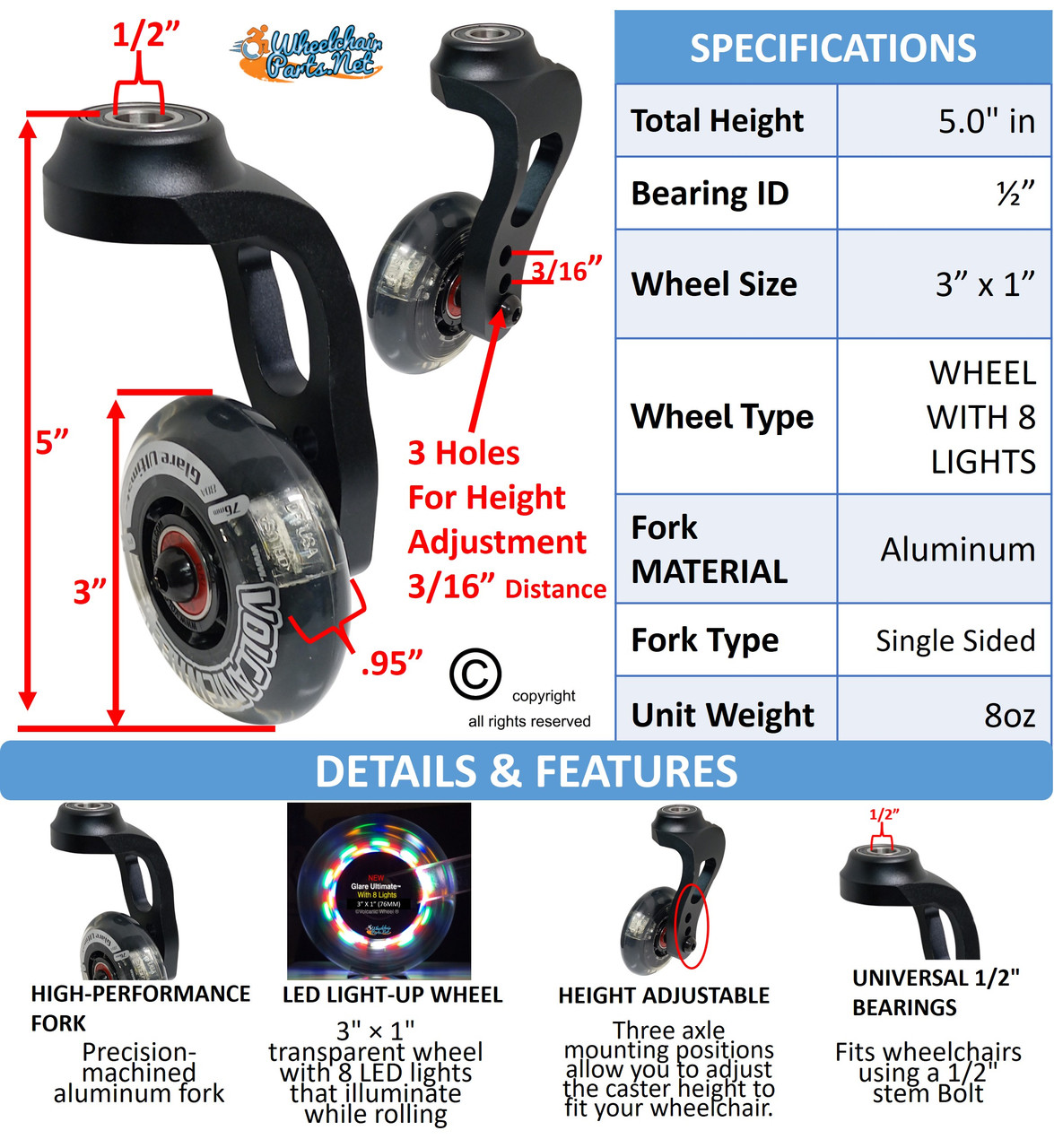 5" SHORT Aluminum Single-Sided Wheelchair Fork Assembly with 3" x 1" LED Wheel. Set of 2