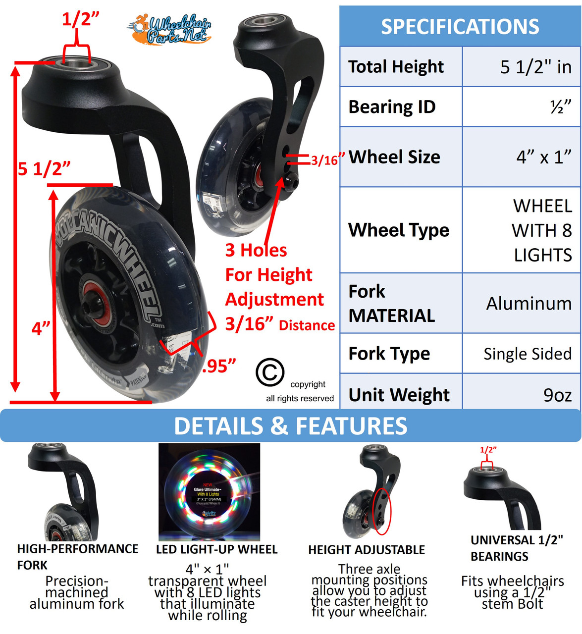5" SHORT Aluminum Single-Sided Wheelchair Fork Assembly with 4" x 1" LED Wheel. Set of 2