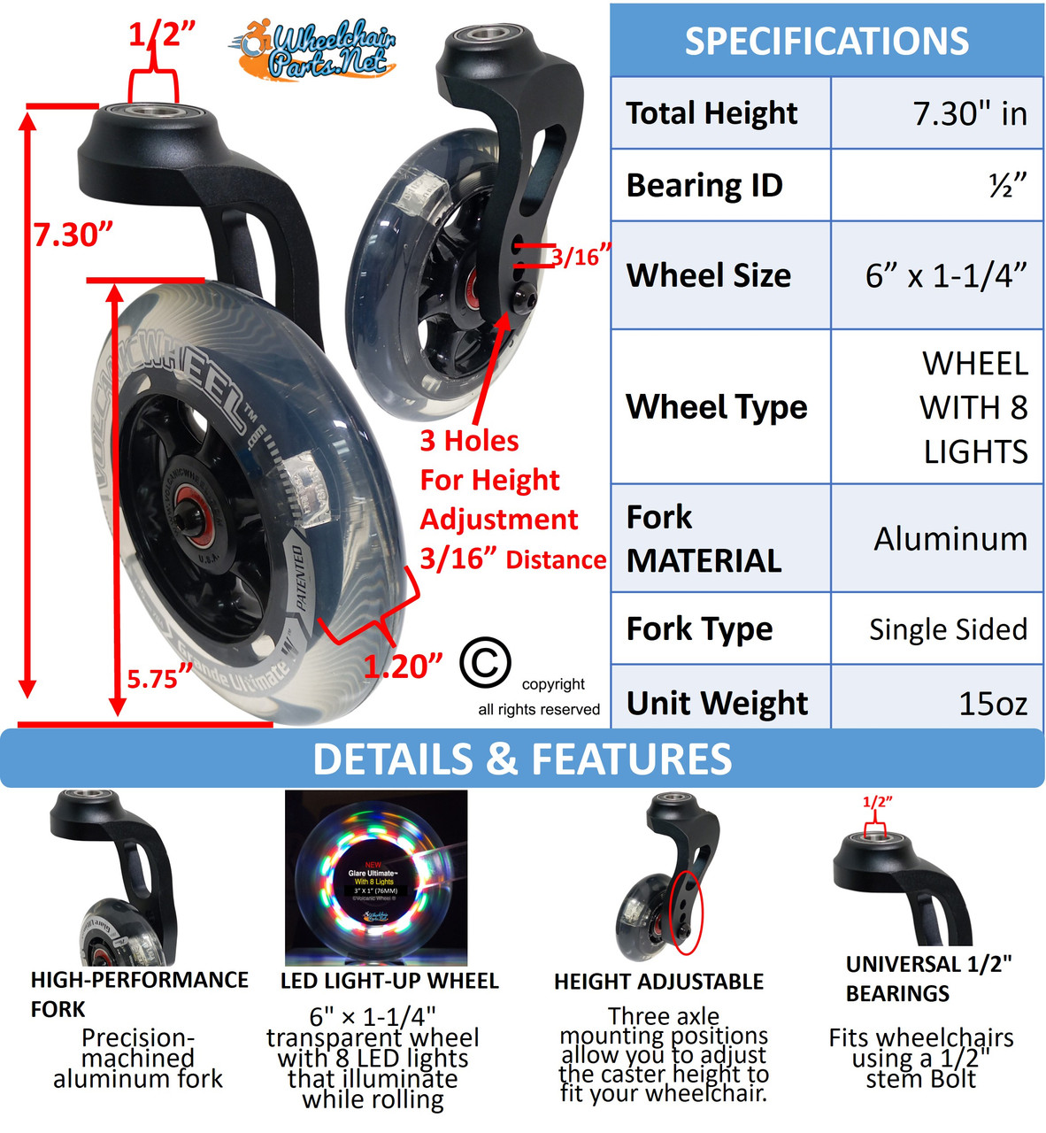 6" STANDARD Aluminum Single-Sided Wheelchair Fork Assembly with 6" x 1 1/4" LED Wheel. Set of 2