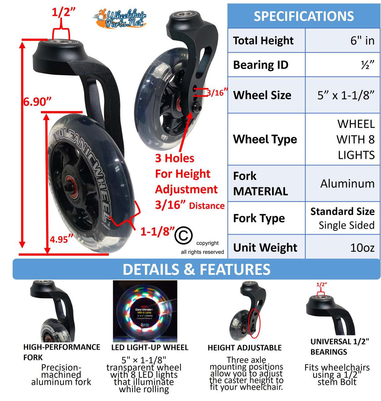 6" STANDARD Aluminum Single-Sided Wheelchair Fork Assembly with 5x1-1/8" LED Wheel. Set of 2