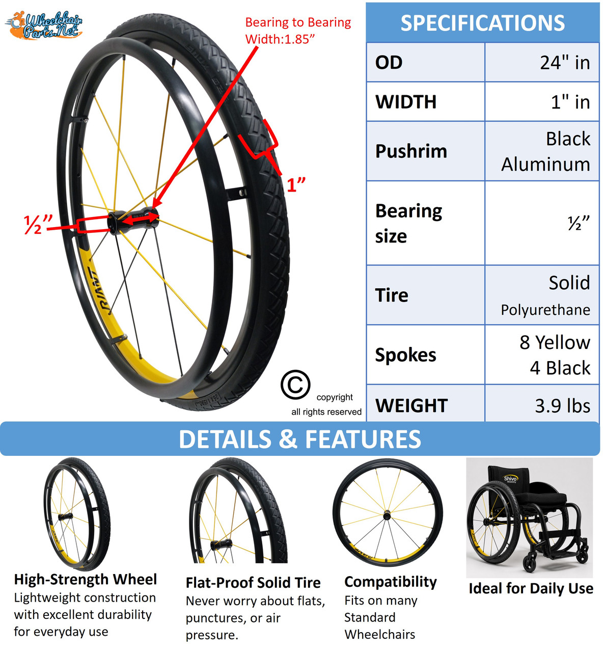 24" (540mm) SPORT Looking Wheel Assembly with SHOX G2 Solid Tire, Aluminum Pushrim & 1/2" Bearings