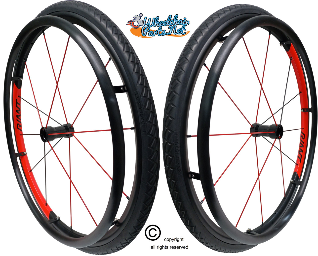 24" (540mm) SPORT Looking Wheel Assembly with SHOX G2 Solid Tire, Aluminum Pushrim & 1/2" Bearings. Red/Black Spokes. Sold as Pair