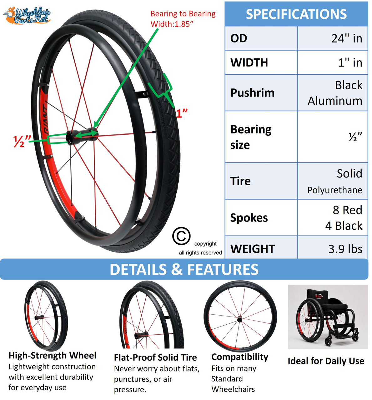24" (540mm) SPORT Looking Wheel Assembly with SHOX G2 Solid Tire, Aluminum Pushrim & 1/2" Bearings. Red/Black Spokes. Sold as Pair