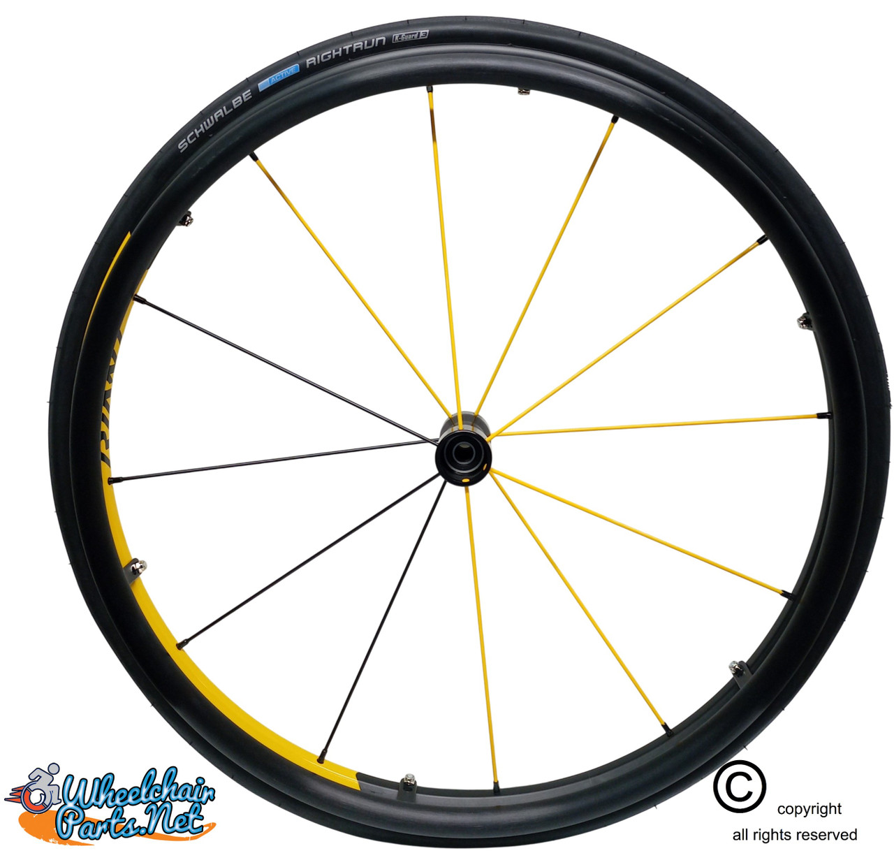 DX12 Velox 24" (540) Aluminum Rear Wheel  with Pneumatic Schwalbe Rightrun Tires, Aluminum Pushrims & 1/2" Precision Bearings. Set of 2