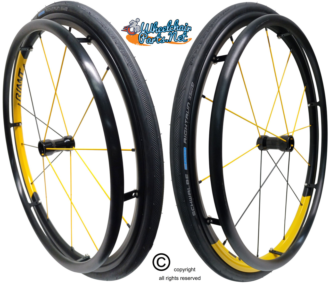 DX12 Velox 24" (540) Aluminum Rear Wheel  with Pneumatic Schwalbe Rightrun Tires, Aluminum Pushrims & 1/2" Precision Bearings. Set of 2
