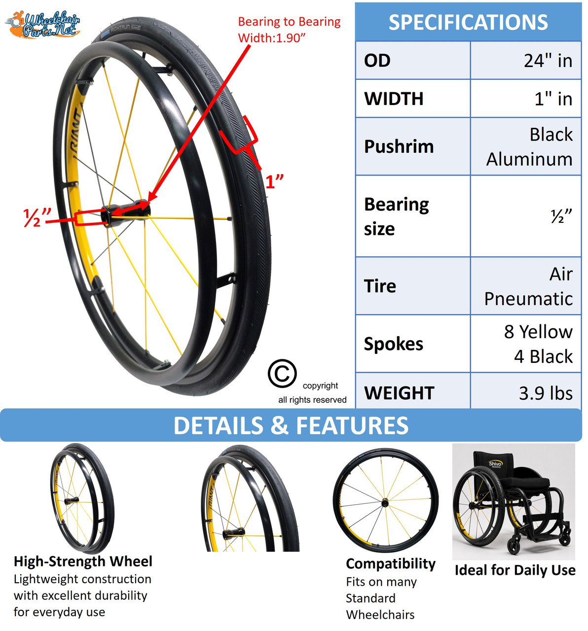 DX12 Velox 24" (540) Aluminum Rear Wheel  with Pneumatic Schwalbe Rightrun Tires, Aluminum Pushrims & 1/2" Precision Bearings. Set of 2
