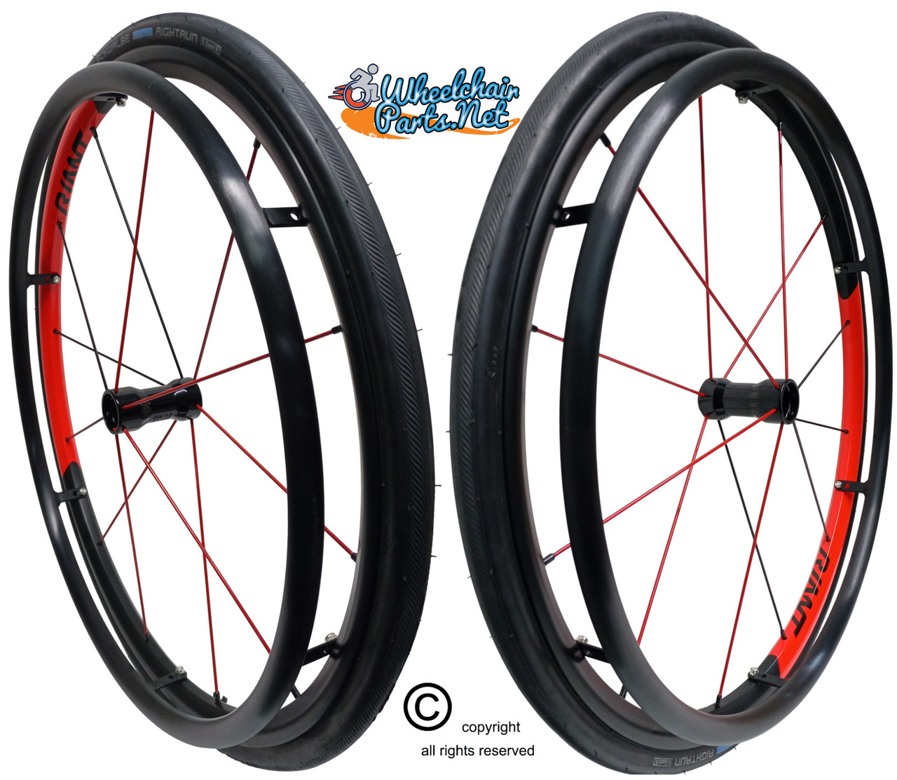 DX12 Velox 24" (540m) Aluminum Rear Wheel  with Pneumatic Schwalbe Rightrun Tires, Aluminum Pushrims & 1/2" Precision Bearings. Set of 2