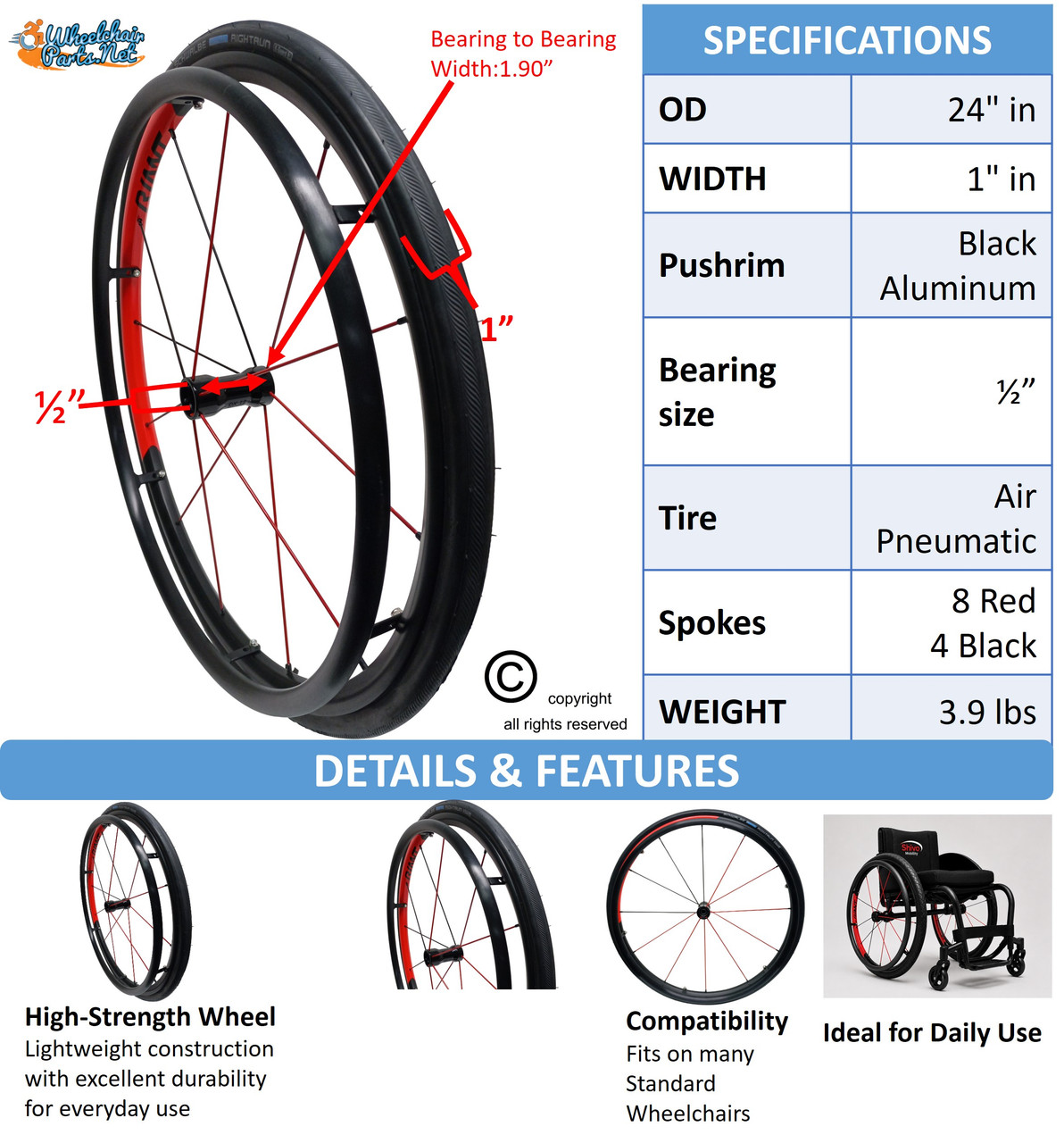 DX12 Velox 24" (540m) Aluminum Rear Wheel  with Pneumatic Schwalbe Rightrun Tires, Aluminum Pushrims & 1/2" Precision Bearings. Set of 2