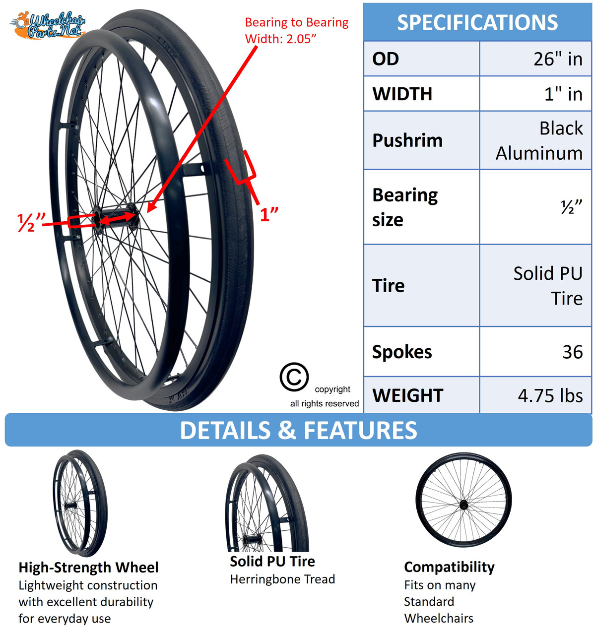 SET of 2,  26"x1" (590mm) 36 Spoke Rim with SHOX G1 Solid Tire in BLACK Color