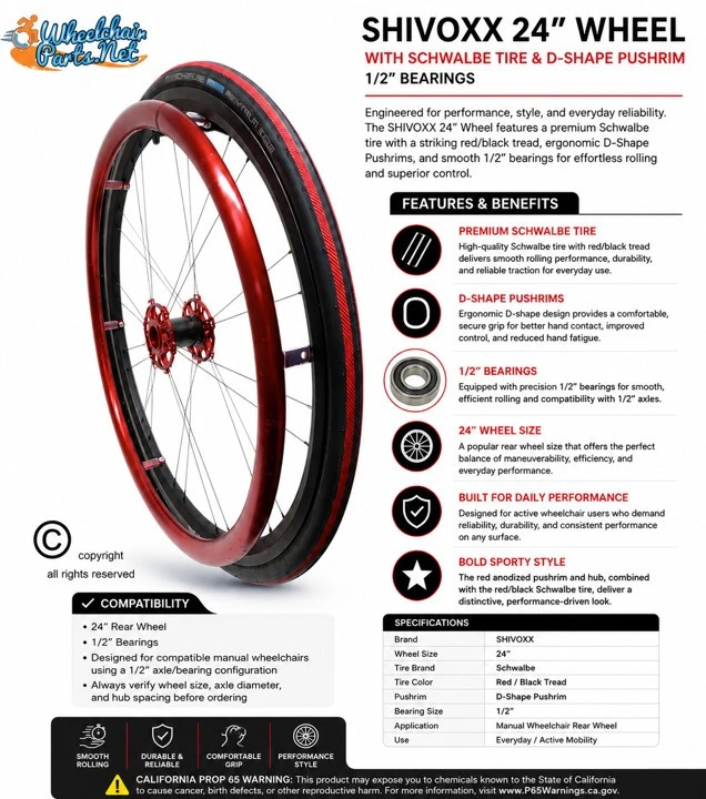 SHIVOXX 24" X 1" (540 Mm) Wheels with Schwalbe RightRun Red Tires. Red Pushrim, Aluminum/Carbon Hub and 1/2" Bearings | Set of 2