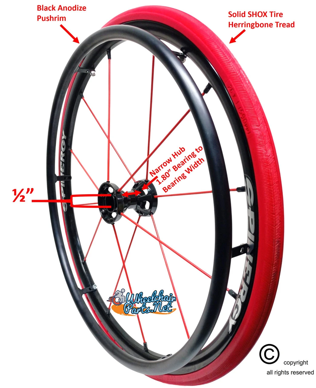 25" SPINERGY 12 SPOKE LX, BLACK HUB/RED SPOKES, 25" x 1" SOLID SHOX TIRES. SET OF 2