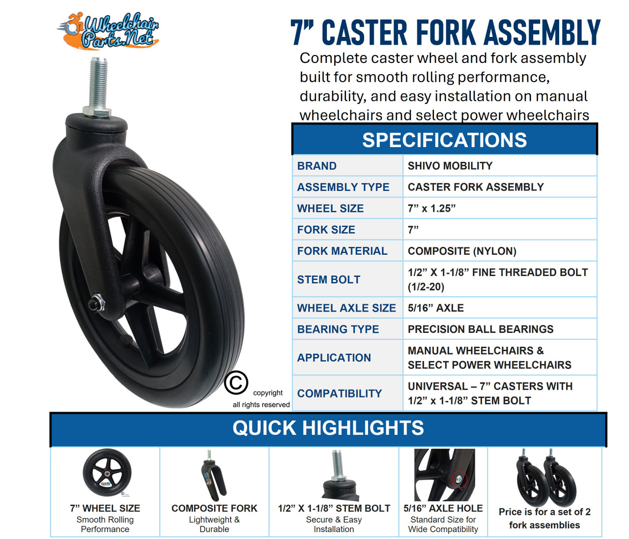7" x 1.25" Caster & Composite Fork Assembly – 1/2" x 1 1/8" Threaded Stem Bolt