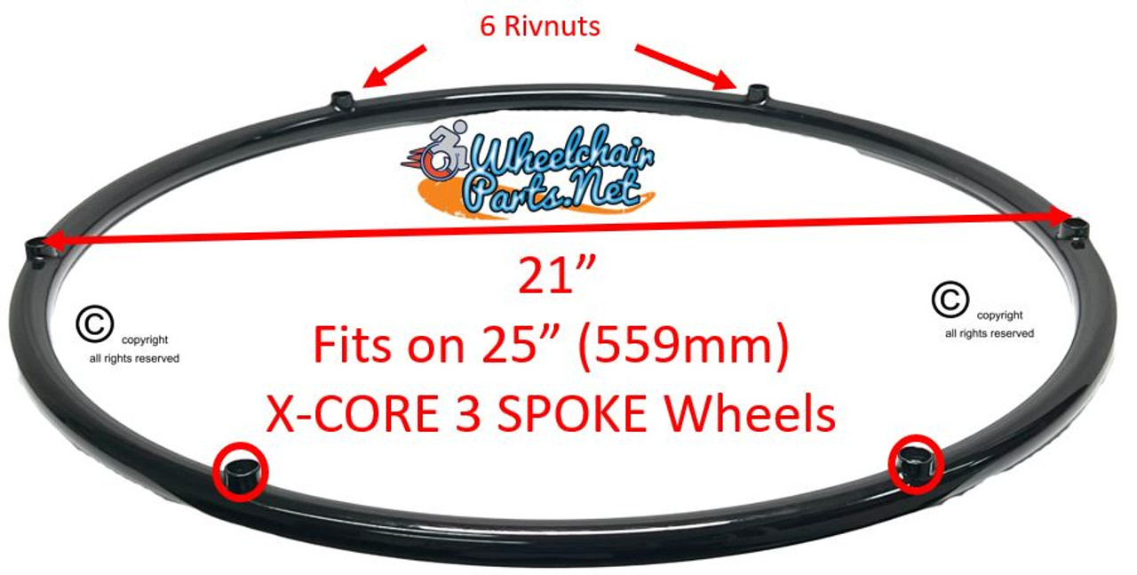 PR094P-  X-Core 3 Spoke 25" (559) Vinyl Coated Black Pushrim with 6 Rivnuts. Sold as pair