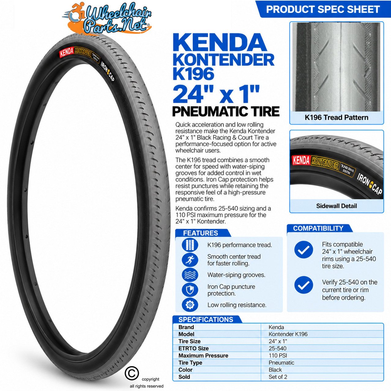 Kenda Kontender 24" x 1" (25-540) Grey Racing & Court Tire | Set of 2
