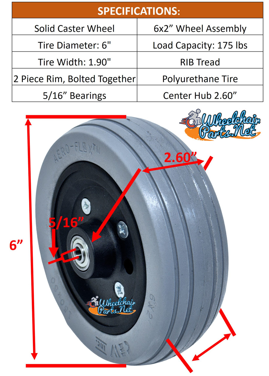 6x2" Wheel W/ RIB Urethane Tire and  5/16 Bearings. Sold As Pair