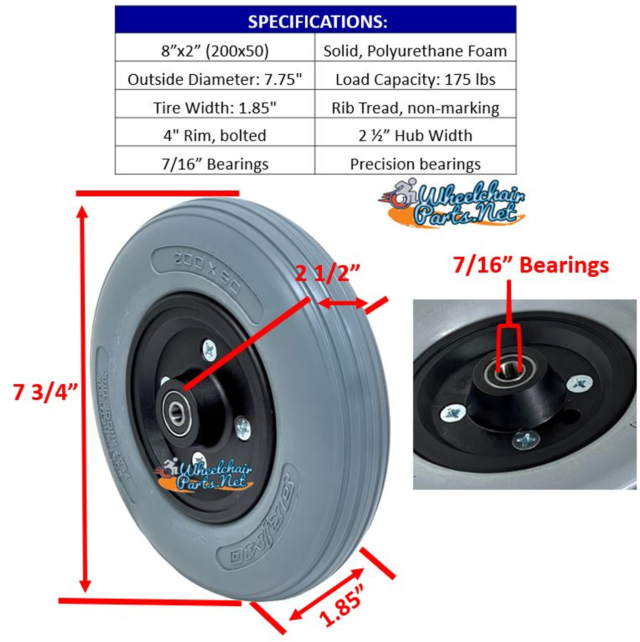 8"x2" Invacare Assembly With Solid Urethane Tire And 7/16" Bearings