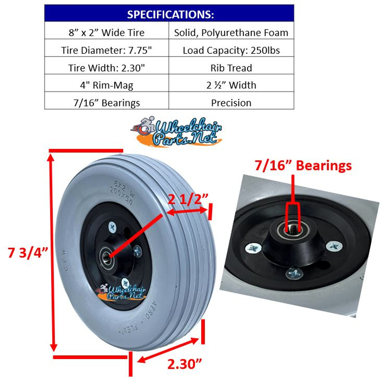 8" x 2.25" Invacare Assembly W/ Solid Urethane Tire And 7/16" Bearings.