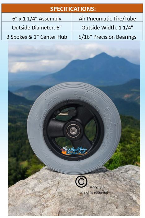 CW113Q 6 x 1 1/4"  3 Spoke wheel w/pneumatic Tire/Tube. Sold In Pairs