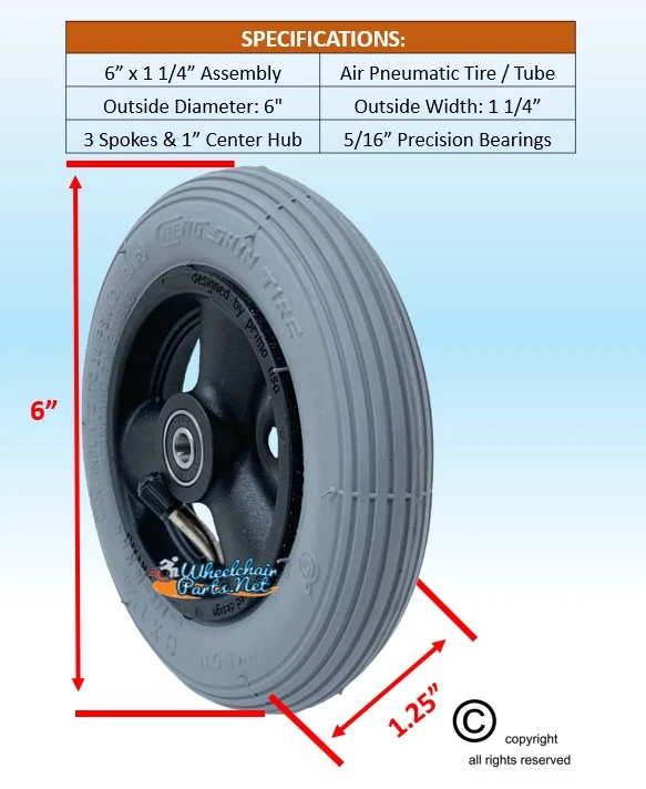 CW113Q 6 x 1 1/4"  3 Spoke wheel w/pneumatic Tire/Tube. Sold In Pairs