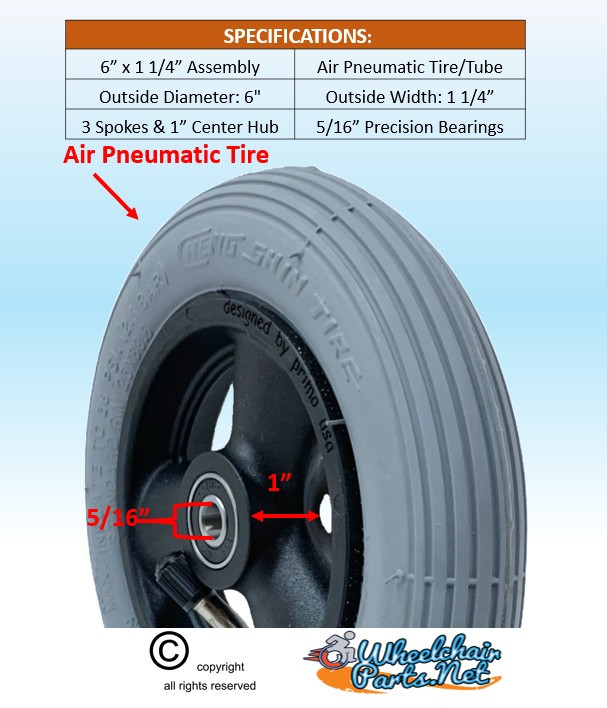 CW113Q 6 x 1 1/4"  3 Spoke wheel w/pneumatic Tire/Tube. Sold In Pairs