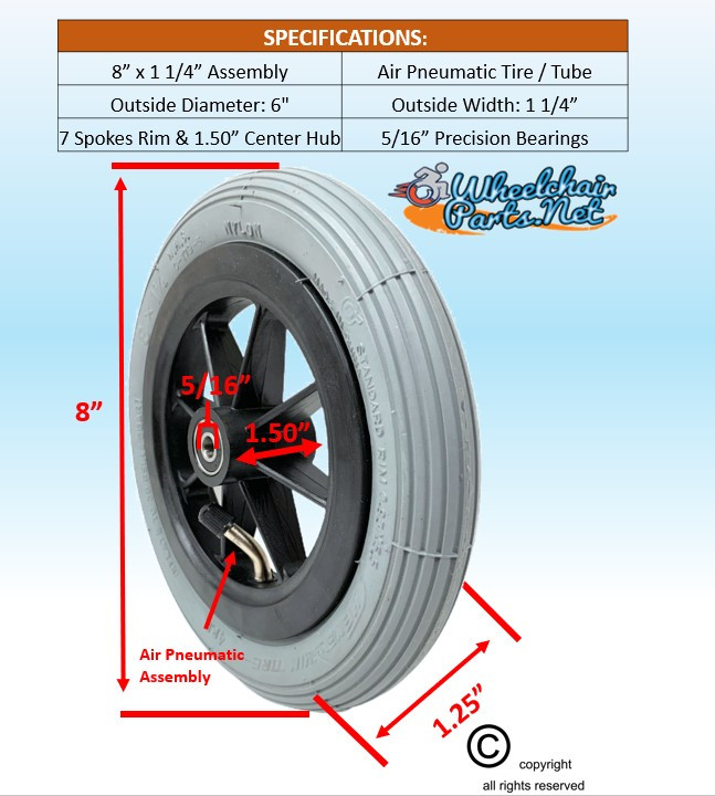 8 x 1 1/4" Wheel With Pneumatic Tire and Tube, 1 1/2" Hub and 5/16" Bearings. One Pair