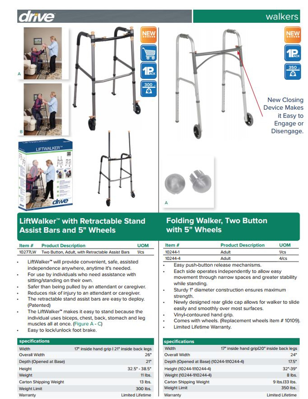 Drive Folding Walker, Two Button with 5" Wheels