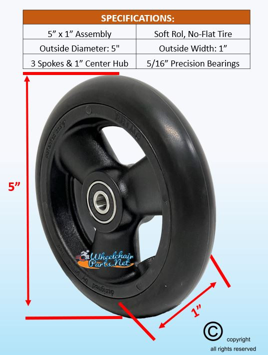 5" X 1" Composite Wheel and Soft Urethane Tire with 5/16" bearings. Sold as Pair