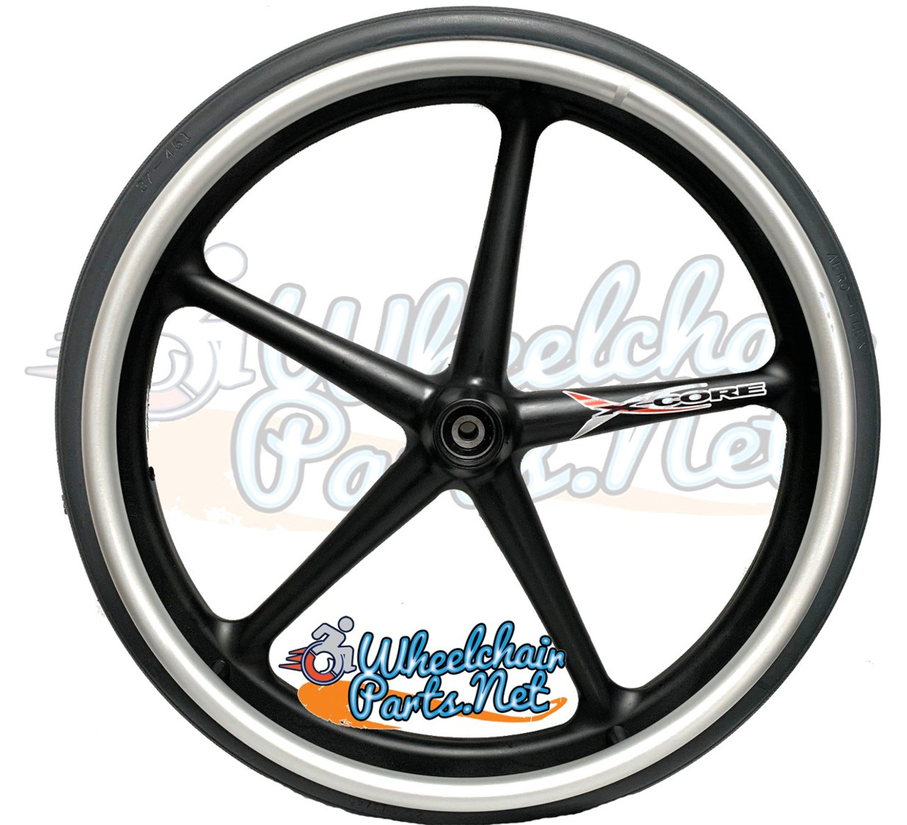 20" X 1 3/8" X-CORE 5 SPOKE WHEEL WITH SOLID TIRE. SOLD AS PAIR