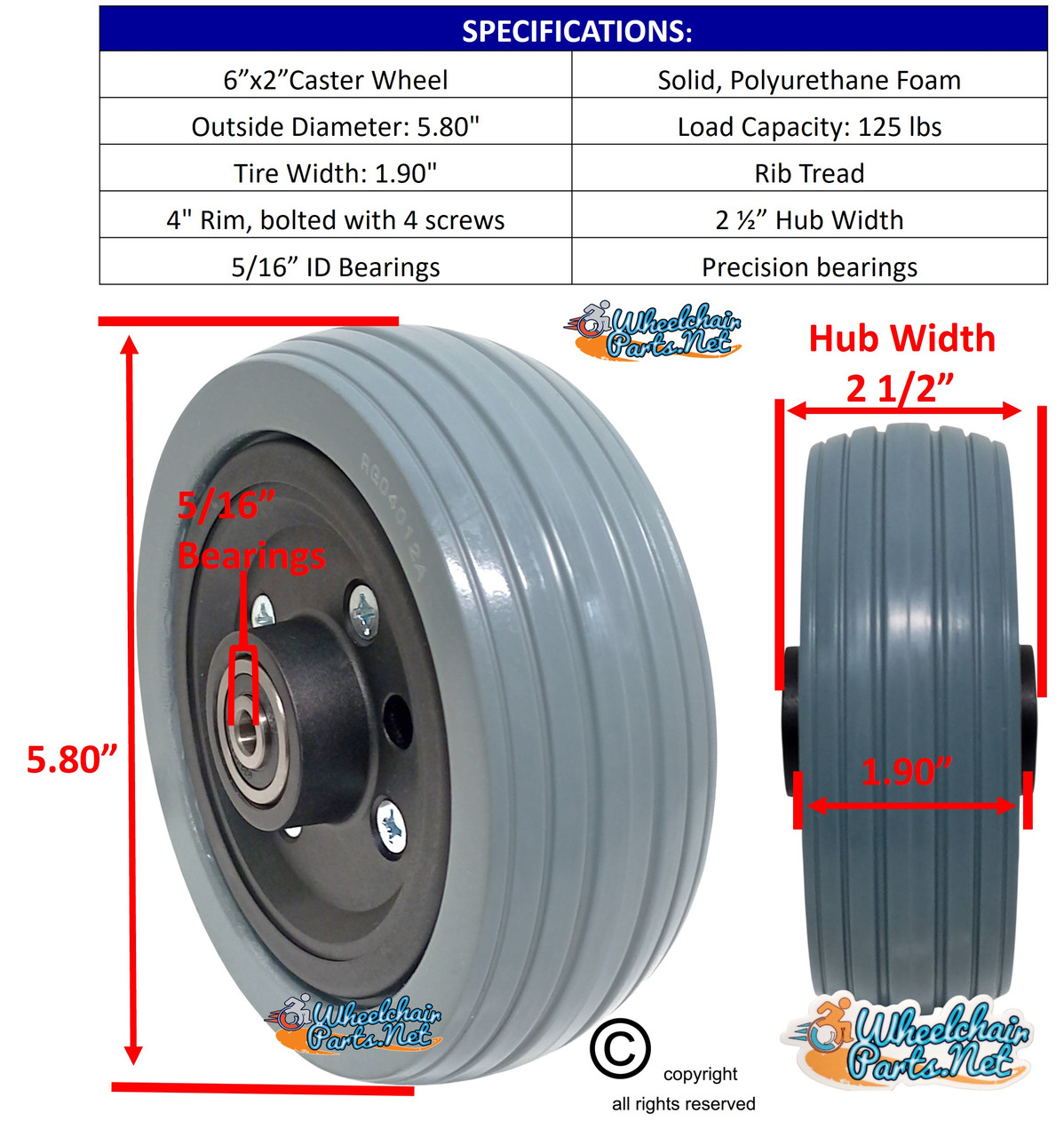 6x2 Caster Wheel, Black hub, Light grey tire w bearings & spacer. Sold as Pair