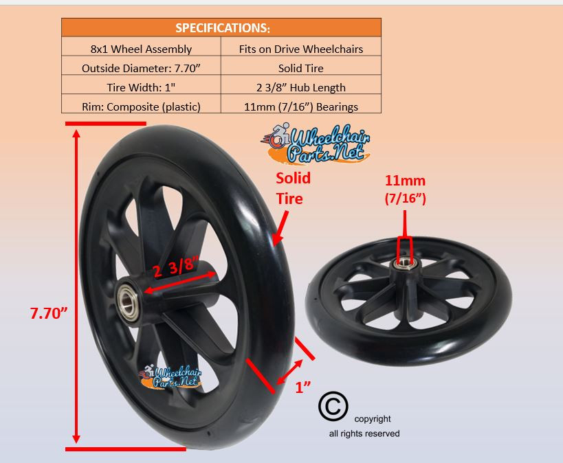 8" Front Caster Wheel Assembly, with 11mm  (7/16') Bearings for Drive Cirrus IV, Cruiser X4, & Silver Sport 2 Manual Wheelchair.  Sold as each