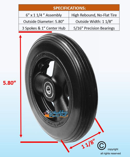 CW112 6 x 1 1/4" Hollow Spoke Caster Wheel Urethane Rib Tire. Sold as Pairs.